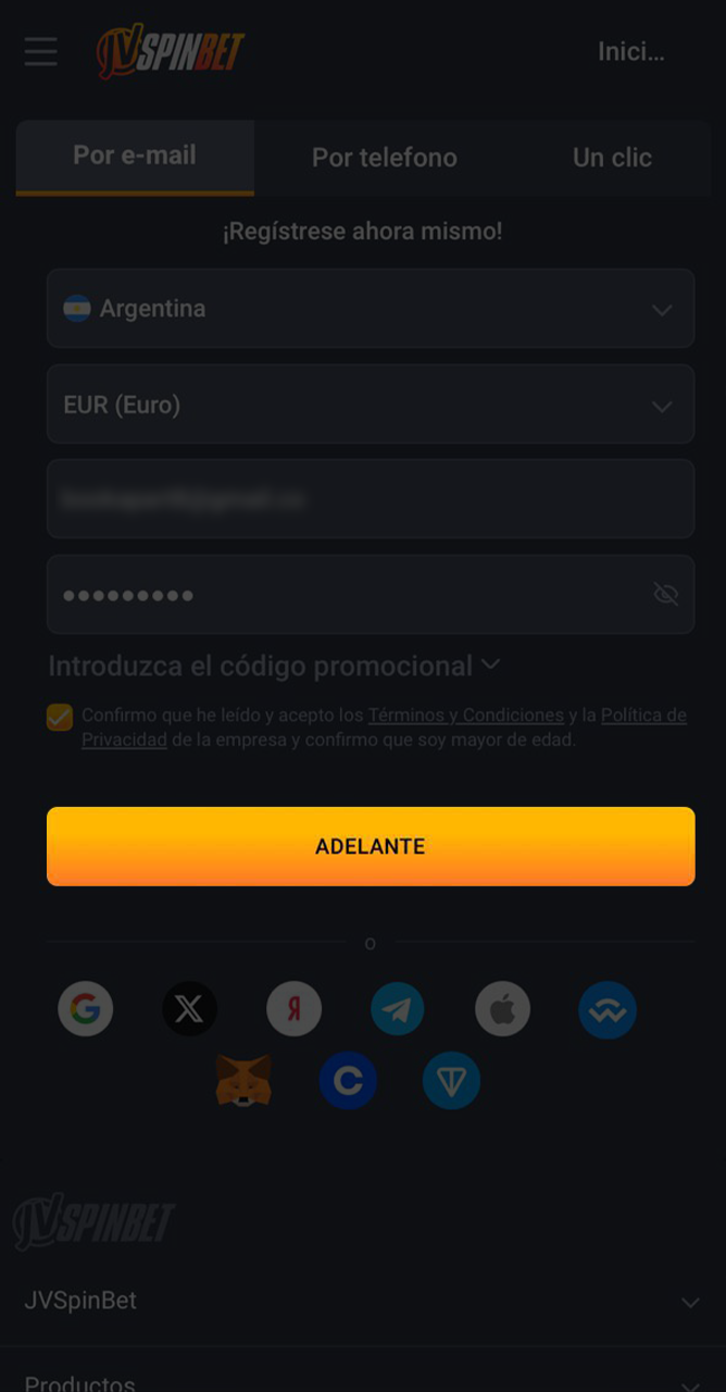 Ingrese la información requerida y complete su registro en JVSpin.