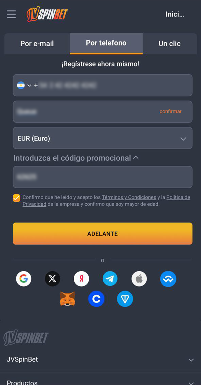 Complete sus datos para registrarse en JVSpin.