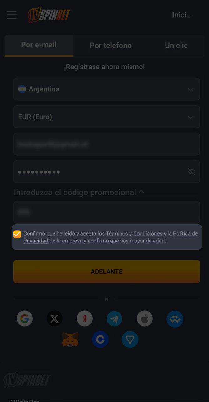 Haga clic en el botón para completar el registro en JVSpin.