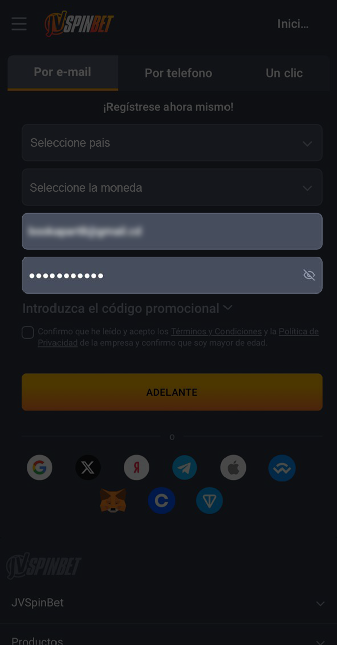 Crea una contraseña e ingresa tu dirección de correo electrónico para registrarte en JVSpin.