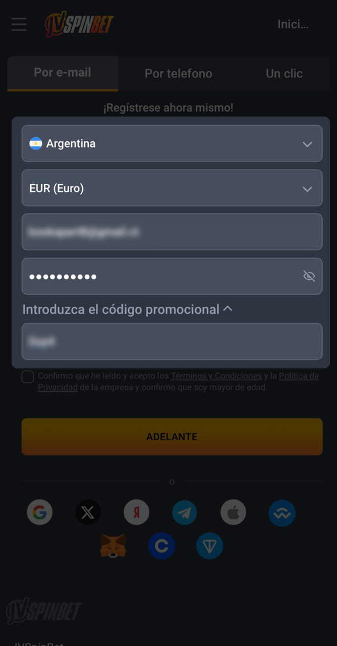 Ingrese su información personal para registrarse en JVSpin.