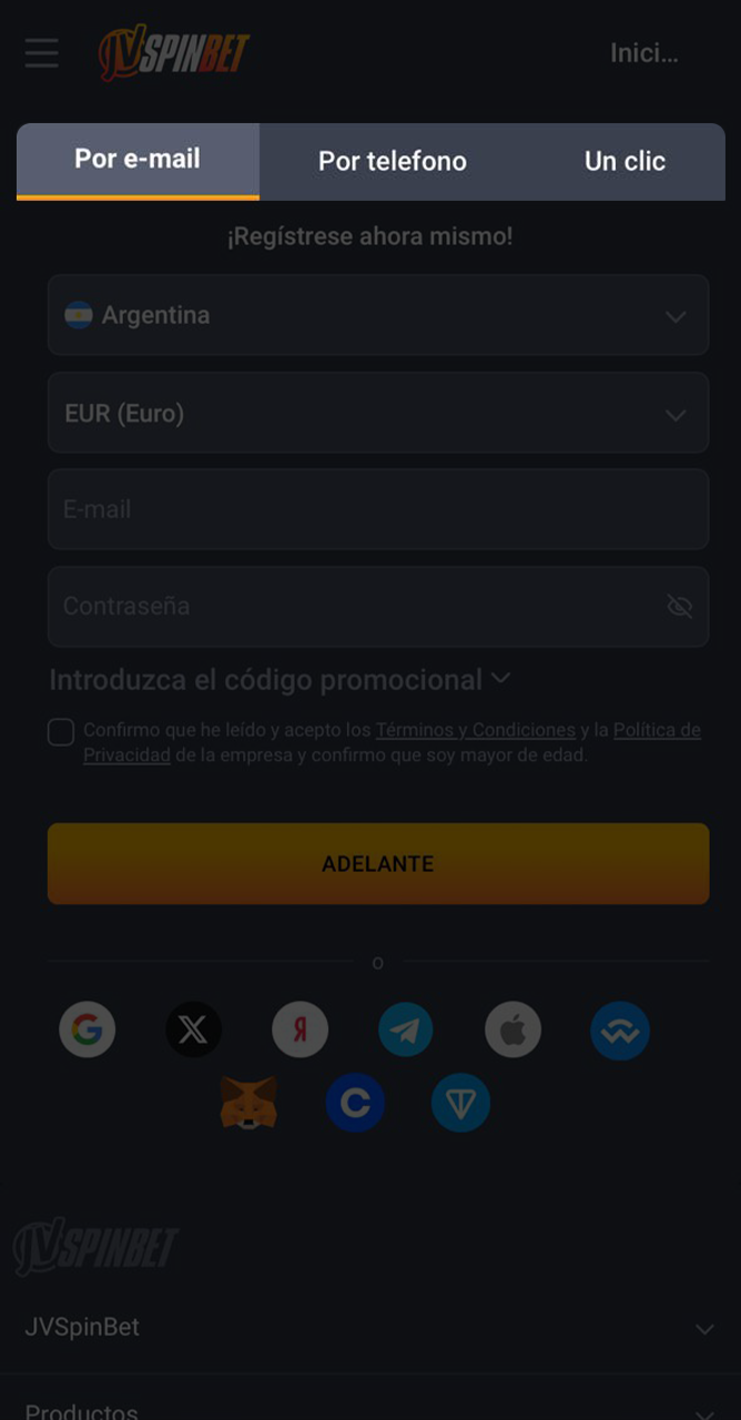 Seleccione su método preferido de registro en JVSpin.